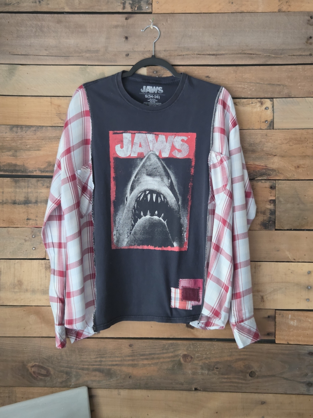 Upcycled Black Graphic T-shirt  Long-Sleeve Shirt with Red Plaid Sleeves